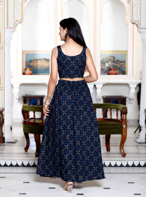 Miravan Womens Blue Abstract Print Crop Top And Side Slit A Line Skirt Co Ord Set