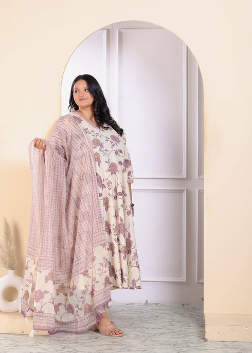 Miravan Womens Plus Size Floral Pink Anarkali Kurta With Palazzo And Dupatta Set