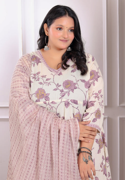 Miravan Womens Plus Size Floral Pink Anarkali Kurta With Palazzo And Dupatta Set