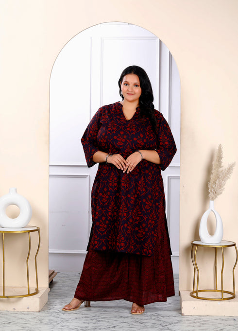 Miravan Womens Plus Size Cotton Floral Printed Straight Kurta And Sharara Set