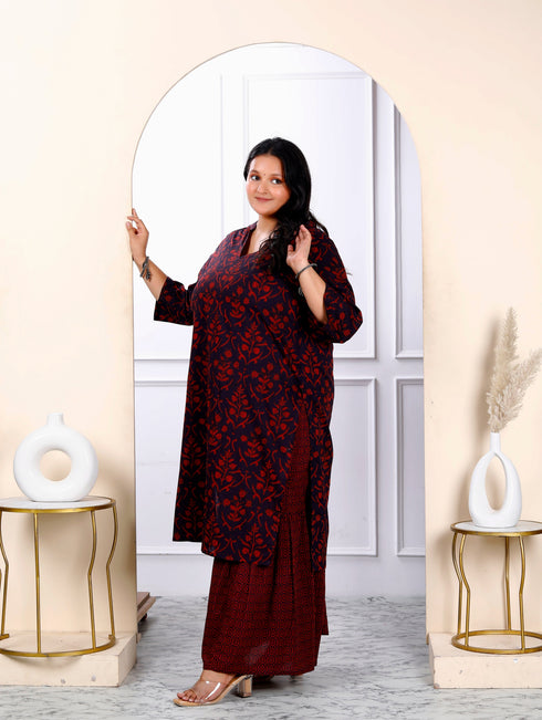 Miravan Womens Plus Size Cotton Floral Printed Straight Kurta And Sharara Set
