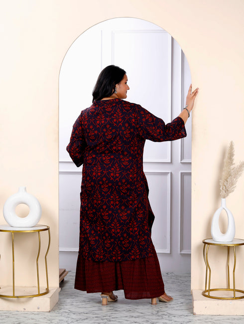 Miravan Womens Plus Size Cotton Floral Printed Straight Kurta And Sharara Set