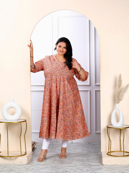 Miravan Womens Plus Size Orange Cotton Floral And Gota Patti Details Party Wear Anarkali Kurta