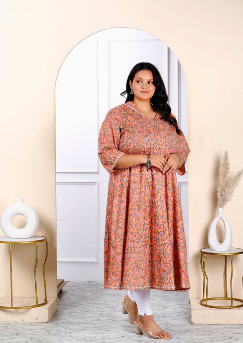 Miravan Womens Plus Size Orange Cotton Floral And Gota Patti Details Party Wear Anarkali Kurta