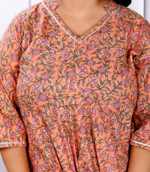 Miravan Womens Plus Size Orange Cotton Floral And Gota Patti Details Party Wear Anarkali Kurta