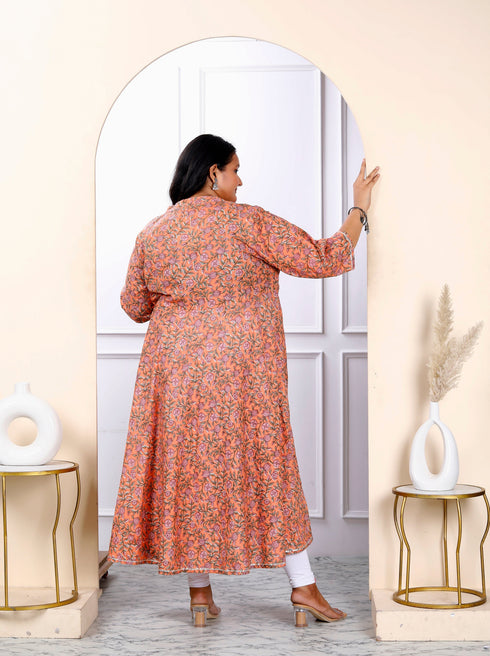 Miravan Womens Plus Size Orange Cotton Floral And Gota Patti Details Party Wear Anarkali Kurta