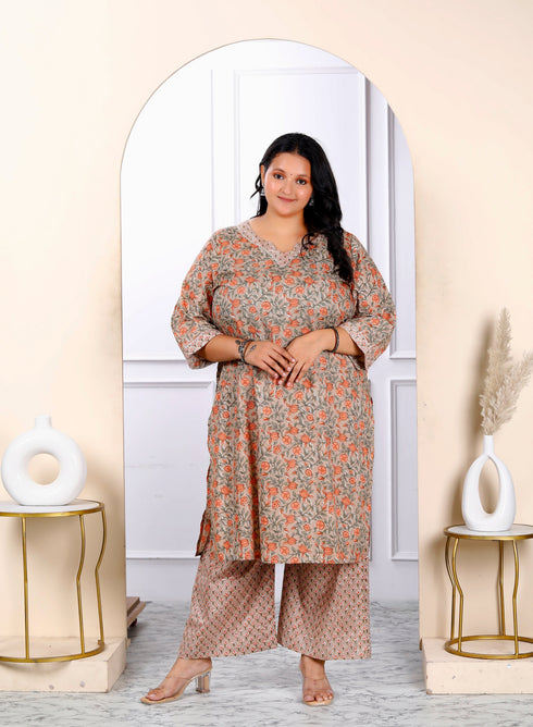 Miravan Womens Plus Size Brown Floral Printed Kurta With Palazzo