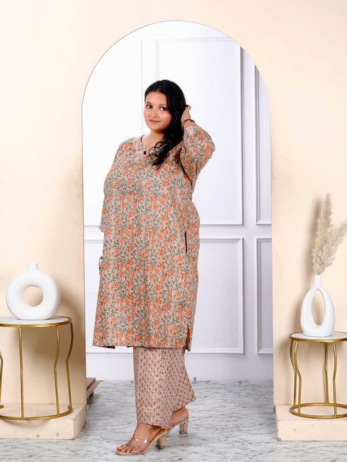 Miravan Womens Plus Size Brown Floral Printed Kurta With Palazzo