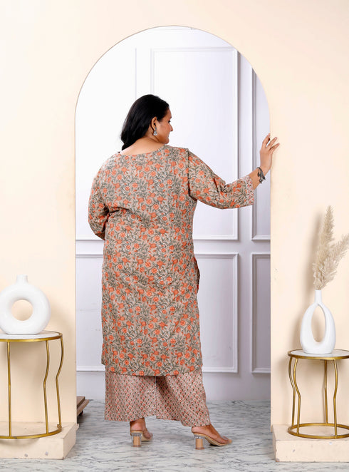 Miravan Womens Plus Size Brown Floral Printed Kurta With Palazzo