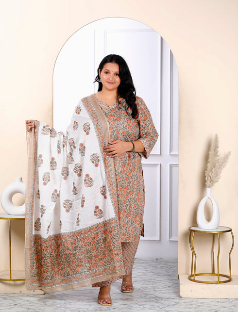 Miravan Womens Plus Size Keyhole Neck Brown Printed Pure Cotton Straight Kurta And Palazzo With Dupatta Set