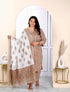 Miravan Womens Plus Size Keyhole Neck Brown Printed Pure Cotton Straight Kurta And Palazzo With Dupatta Set