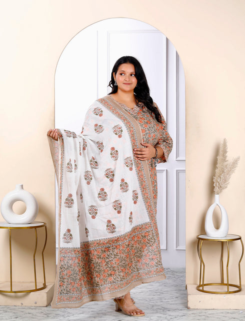 Miravan Womens Plus Size Keyhole Neck Brown Printed Pure Cotton Straight Kurta And Palazzo With Dupatta Set