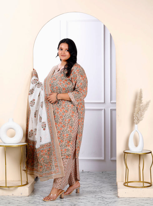 Miravan Womens Plus Size Keyhole Neck Brown Printed Pure Cotton Straight Kurta And Palazzo With Dupatta Set