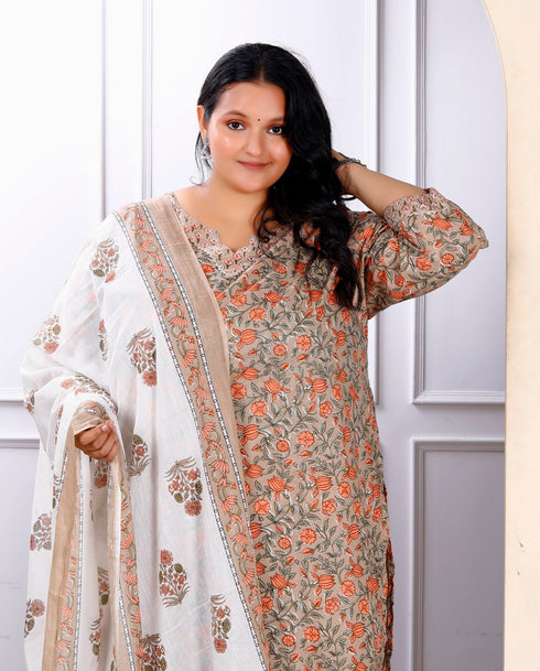 Miravan Womens Plus Size Keyhole Neck Brown Printed Pure Cotton Straight Kurta And Palazzo With Dupatta Set