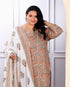 Miravan Womens Plus Size Keyhole Neck Brown Printed Pure Cotton Straight Kurta And Palazzo With Dupatta Set