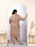 Miravan Womens Plus Size Keyhole Neck Brown Printed Pure Cotton Straight Kurta And Palazzo With Dupatta Set