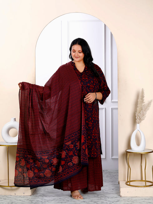 Miravan Womens Plus Size Cotton Floral Printed Straight Kurta Sharara And Dupatta Set