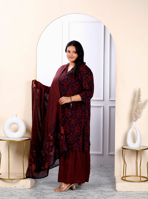 Miravan Womens Plus Size Cotton Floral Printed Straight Kurta Sharara And Dupatta Set