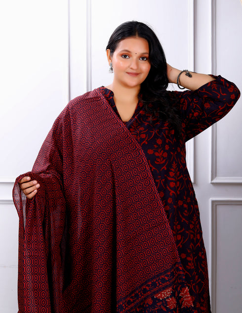 Miravan Womens Plus Size Cotton Floral Printed Straight Kurta Sharara And Dupatta Set
