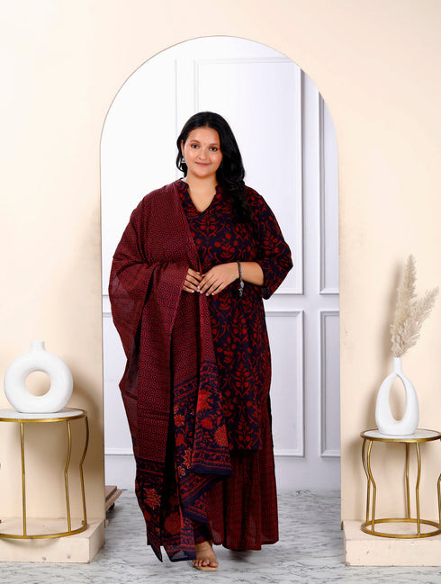 Miravan Womens Plus Size Cotton Floral Printed Straight Kurta Sharara And Dupatta Set