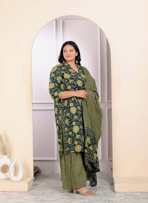 Miravan Womens Plus Size Green Cotton Floral Printed Kurta With Sharara And Dupatta