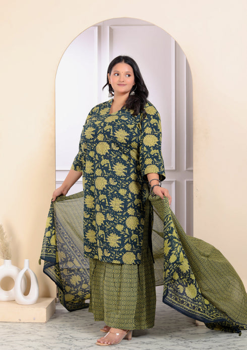 Miravan Womens Plus Size Green Cotton Floral Printed Kurta With Sharara And Dupatta