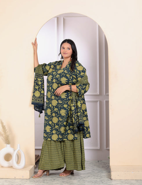 Miravan Womens Plus Size Green Cotton Floral Printed Kurta With Sharara And Dupatta