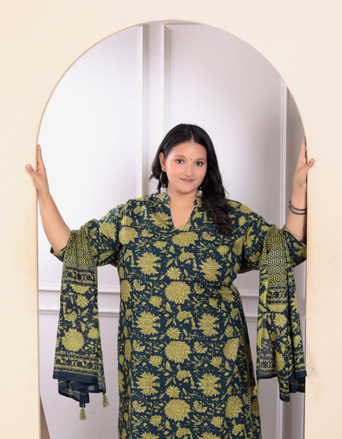 Miravan Womens Plus Size Green Cotton Floral Printed Kurta With Sharara And Dupatta