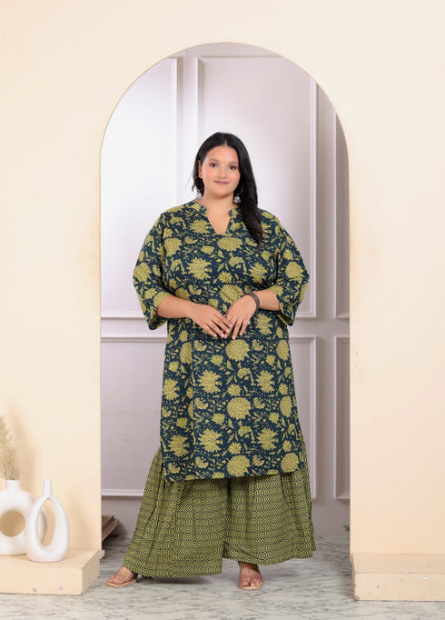 Miravan Womens Plus Size Green Cotton Floral Printed Kurta With Sharara