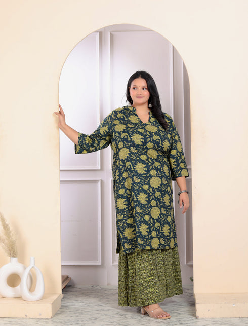 Miravan Womens Plus Size Green Cotton Floral Printed Kurta With Sharara