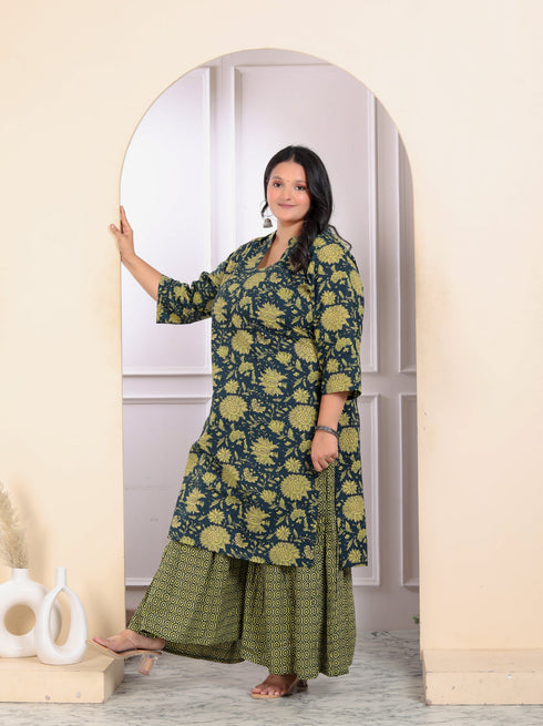 Miravan Womens Plus Size Green Cotton Floral Printed Kurta With Sharara