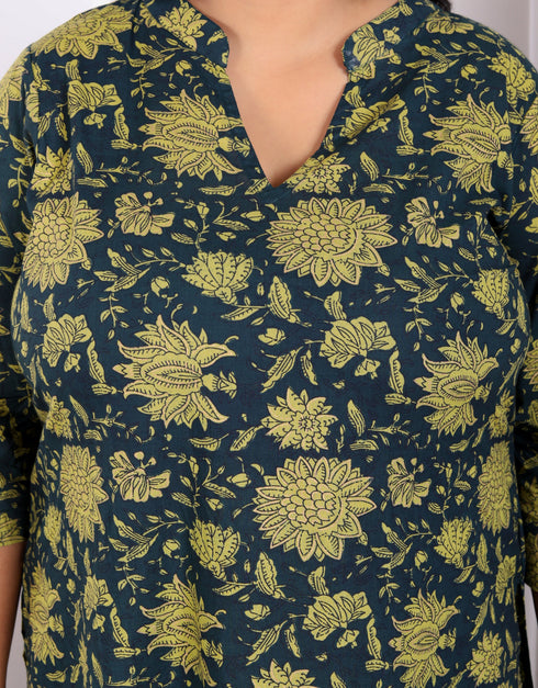 Miravan Womens Plus Size Green Cotton Floral Printed Kurta With Sharara