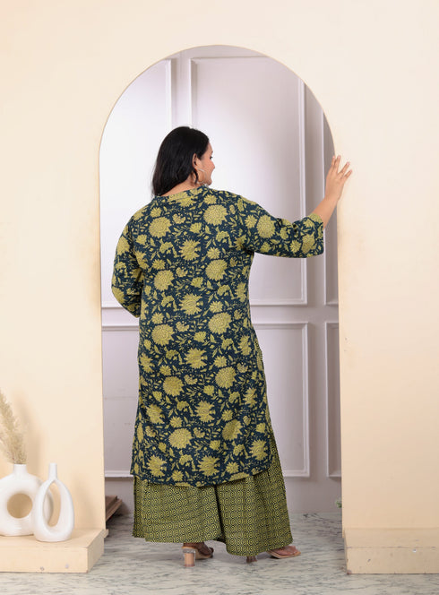 Miravan Womens Plus Size Green Cotton Floral Printed Kurta With Sharara