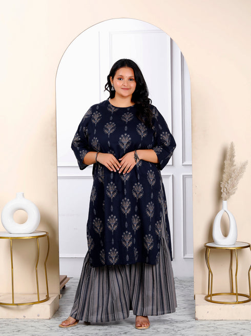 Miravan Womens Plus Size Blue And Grey Printed Pure Cotton Kurta With Sharara
