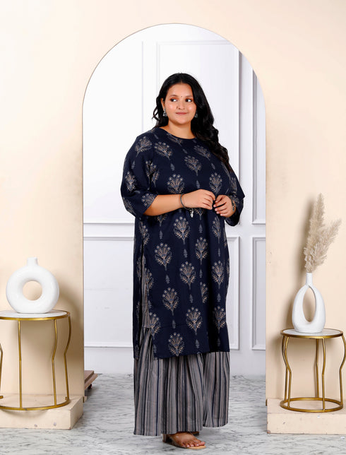 Miravan Womens Plus Size Blue And Grey Printed Pure Cotton Kurta With Sharara