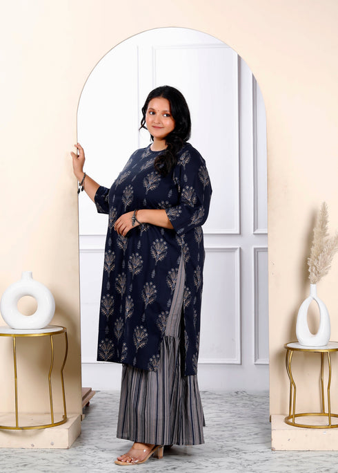 Miravan Womens Plus Size Blue And Grey Printed Pure Cotton Kurta With Sharara