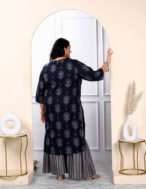 Miravan Womens Plus Size Blue And Grey Printed Pure Cotton Kurta With Sharara