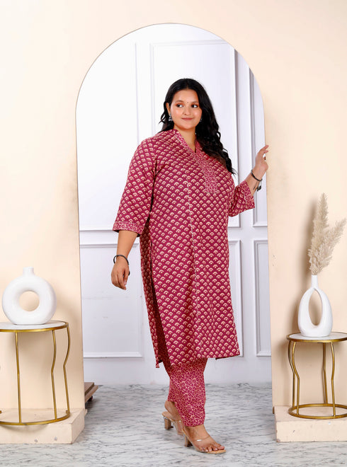 Miravan Womens Plus Size Floral Printed Charming Pink Straight Kurta With Palazzo Set