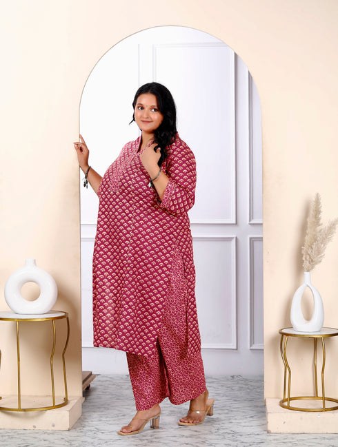 Miravan Womens Plus Size Floral Printed Charming Pink Straight Kurta With Palazzo Set