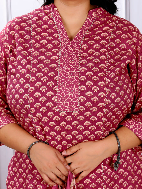 Miravan Womens Plus Size Floral Printed Charming Pink Straight Kurta With Palazzo Set