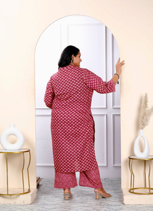 Miravan Womens Plus Size Floral Printed Charming Pink Straight Kurta With Palazzo Set