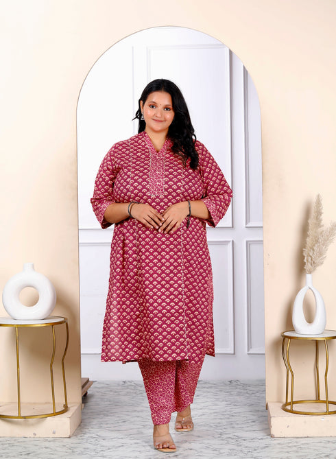 Miravan Womens Plus Size Floral Printed Charming Pink Straight Kurta With Palazzo Set