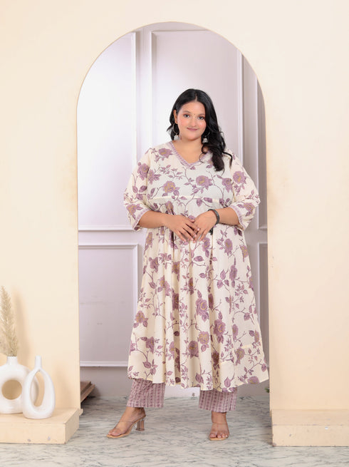 Miravan Womens Plus Size Pink Floral Printed V Neck Anarkali Kurta And Palazzo Set