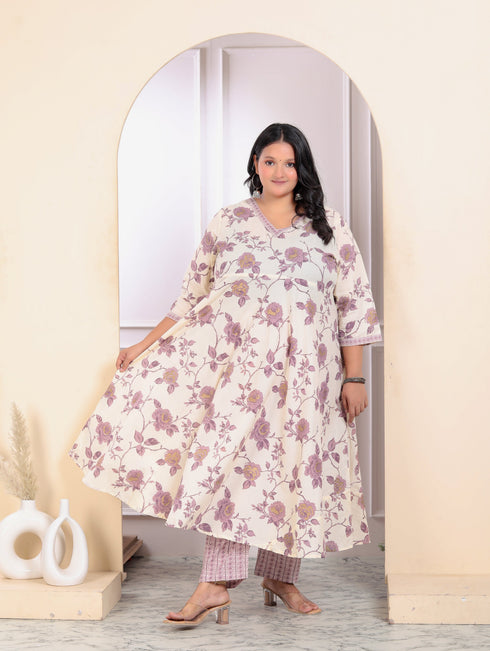 Miravan Womens Plus Size Pink Floral Printed V Neck Anarkali Kurta And Palazzo Set
