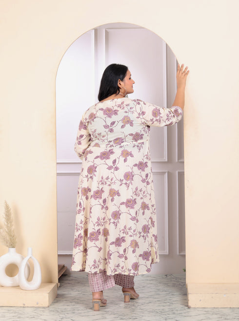 Miravan Womens Plus Size Pink Floral Printed V Neck Anarkali Kurta And Palazzo Set