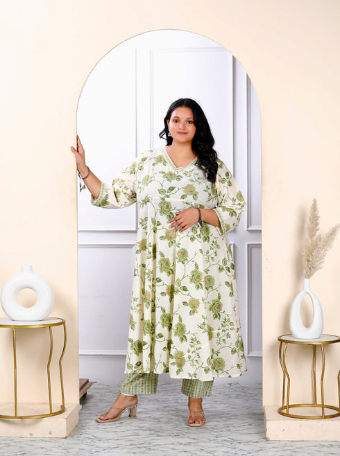 Miravan Womens Plus Size Cotton Floral Print Green Anarkali Kurta And Palazzo Set