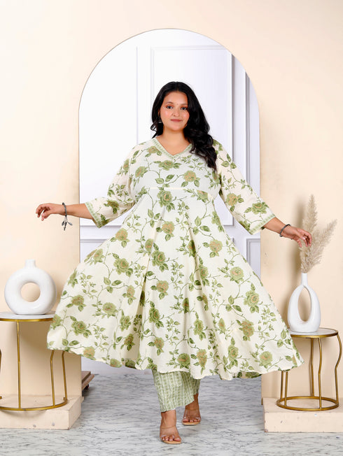 Miravan Womens Plus Size Cotton Floral Print Green Anarkali Kurta And Palazzo Set