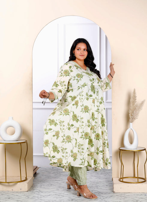 Miravan Womens Plus Size Cotton Floral Print Green Anarkali Kurta And Palazzo Set