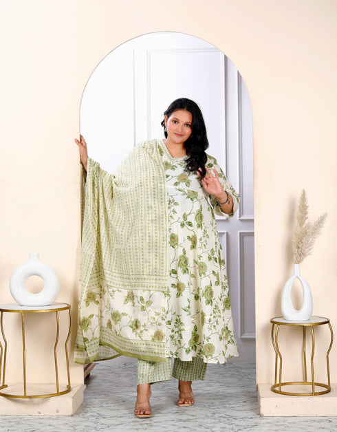 Miravan Womens Plus Size Attractive Floral Print Cotton Green Anarkali Kurta Palazzo And Dupatta Set
