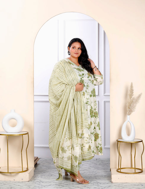 Miravan Womens Plus Size Attractive Floral Print Cotton Green Anarkali Kurta Palazzo And Dupatta Set